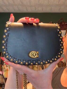 Black Stud-Trim Leather Coach Crossbody Bag with Gold Turncock